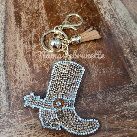 Western Boot Crystal Rhinestone Keychain Bag Charm With Tan Tassel - Picture 12 of 16